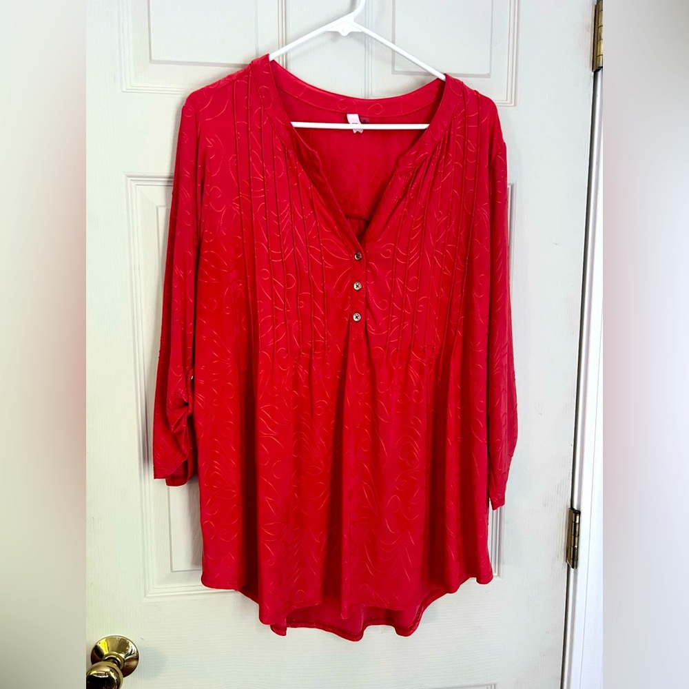 NY Women's Red Relaxed 3/4 Sleeve Jacquard Pintuck Blouse 2X
